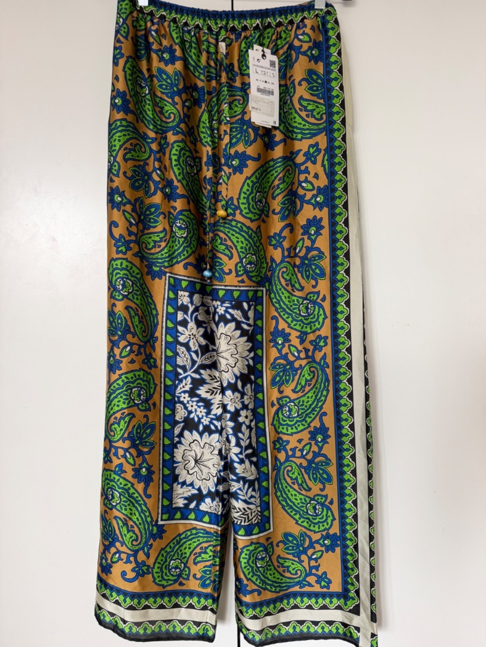 Zara Printed Matching Set NWT L Blouse + Wide Leg Pants Blue Green Paisley - Picture 2 of 8